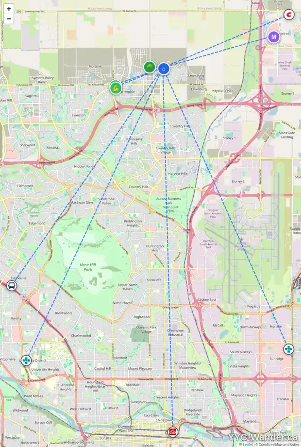 Daily accessibility map for 453 LIVINGSTON VW NE, Calgary showing nearby schools, grocery stores, parks, LRT stations and nearby amenities