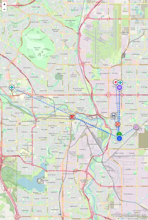 Daily accessibility map for 3256 31A AV SE, Calgary showing nearby schools, grocery stores, parks, LRT stations and nearby amenities