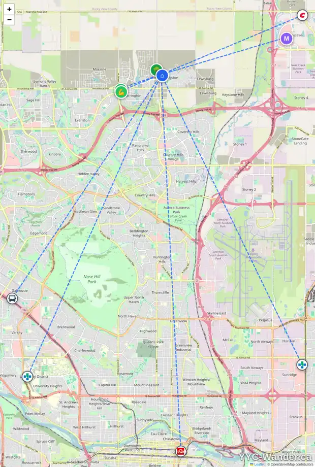 Daily accessibility map for 14858 1 ST NE, Calgary showing nearby schools, grocery stores, parks, LRT stations and nearby amenities