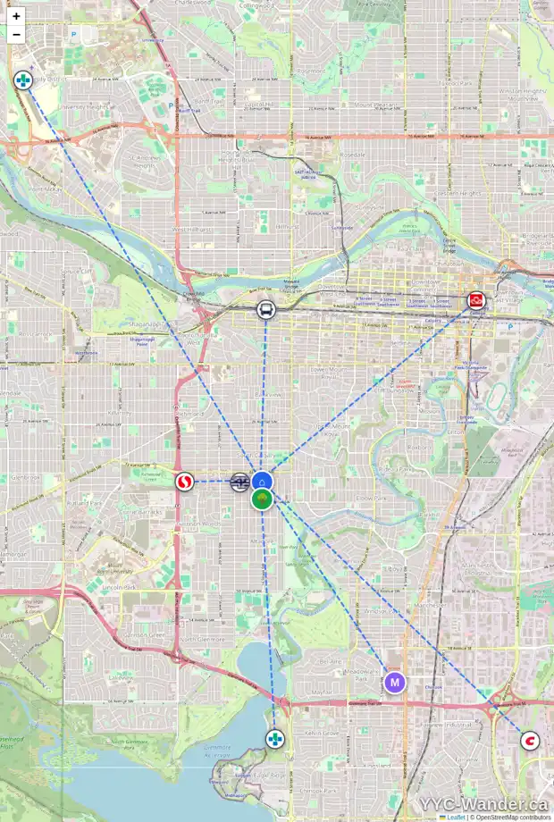 Daily accessibility map for 1709 34 AV SW, Calgary showing nearby schools, grocery stores, parks, LRT stations and nearby amenities