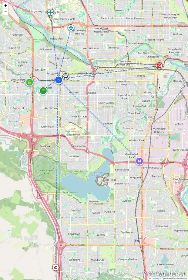 Daily accessibility map for 301 1629 38 ST SW, Calgary showing nearby schools, grocery stores, parks, LRT stations and nearby amenities
