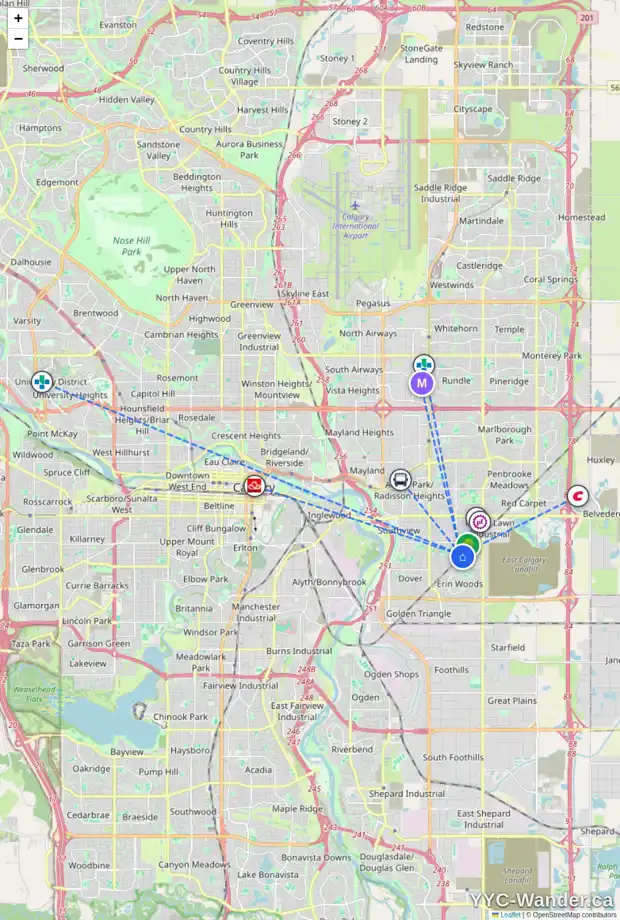 Daily accessibility map for 21 4649 HUBALTA RD SE, Calgary showing nearby schools, grocery stores, parks, LRT stations and nearby amenities