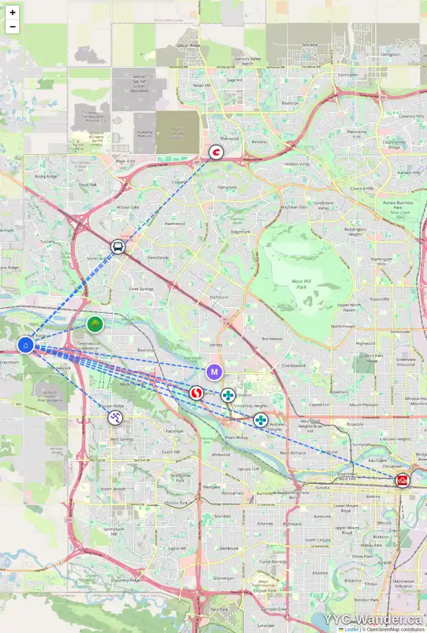 Daily accessibility map for 90 VALLEY PONDS WY NW, Calgary showing nearby schools, grocery stores, parks, LRT stations and nearby amenities