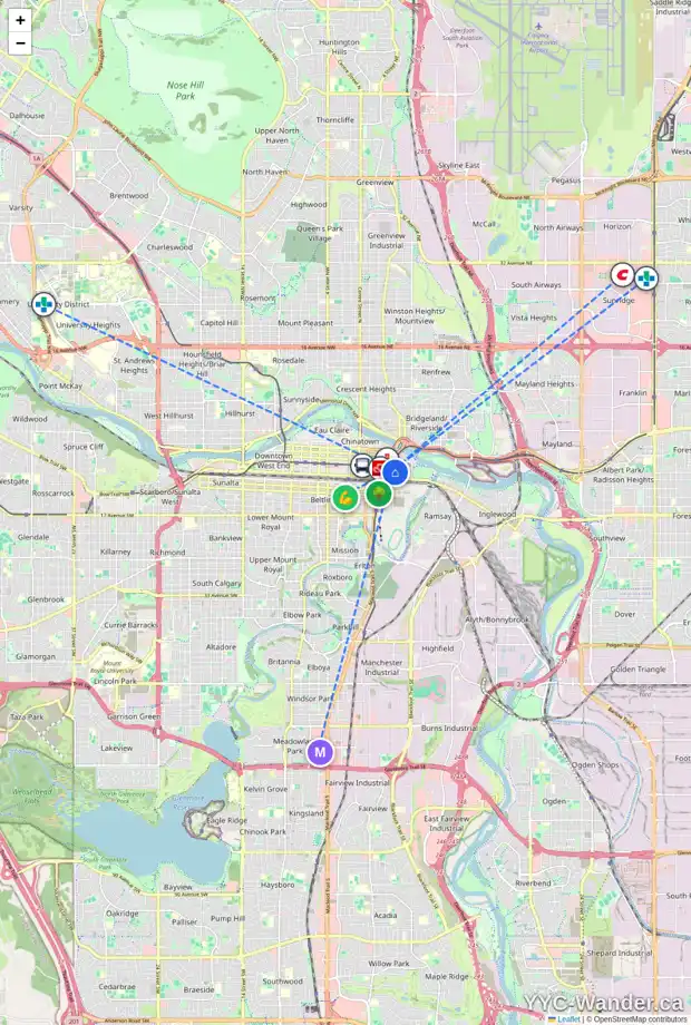Daily accessibility map for 1511 450 8 AV SE, Calgary showing nearby schools, grocery stores, parks, LRT stations and nearby amenities
