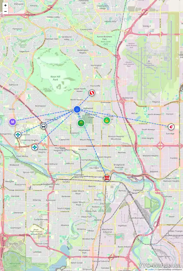 Daily accessibility map for 153 HOLLAND ST NW, Calgary showing nearby schools, grocery stores, parks, LRT stations and nearby amenities