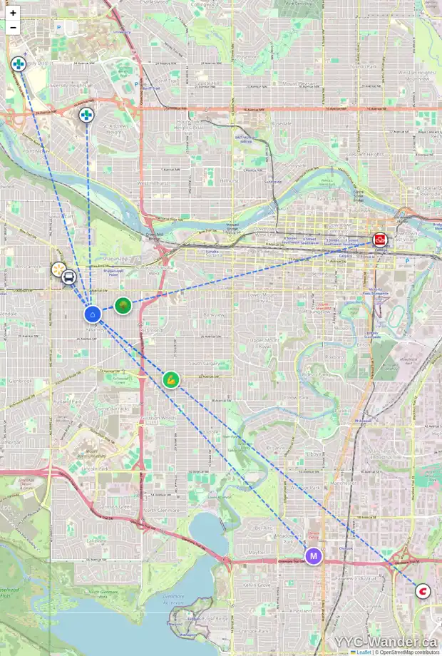 Daily accessibility map for 101 2214 30 ST SW, Calgary showing nearby schools, grocery stores, parks, LRT stations and nearby amenities