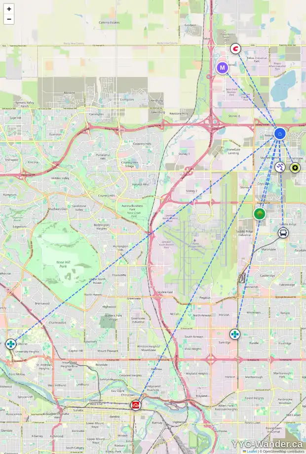 Daily accessibility map for 451 REDSTONE BV NE, Calgary showing nearby schools, grocery stores, parks, LRT stations and nearby amenities