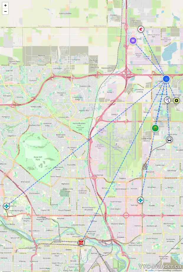 Daily accessibility map for 9 RED SKY TC NE, Calgary showing nearby schools, grocery stores, parks, LRT stations and nearby amenities
