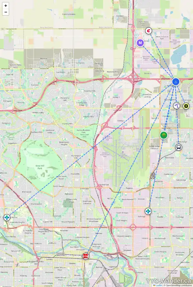 Daily accessibility map for 54 RED SKY TC NE, Calgary showing nearby schools, grocery stores, parks, LRT stations and nearby amenities