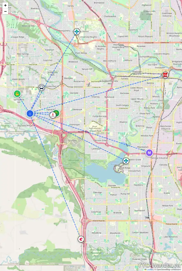 Daily accessibility map for 7784 SPRINGBANK WY SW, Calgary showing nearby schools, grocery stores, parks, LRT stations and nearby amenities