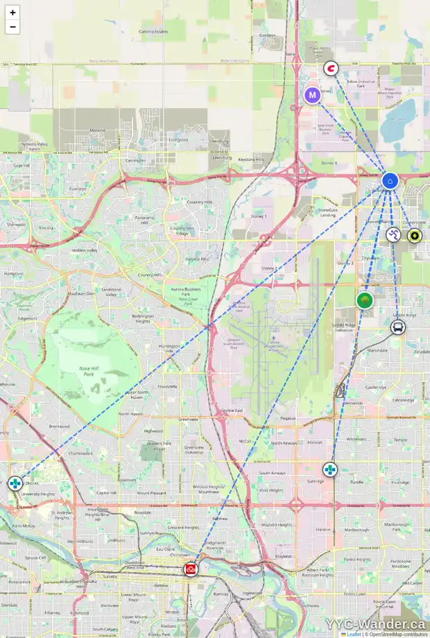 Daily accessibility map for 65 RED SKY TC NE, Calgary showing nearby schools, grocery stores, parks, LRT stations and nearby amenities