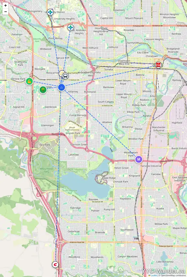 Daily accessibility map for 2213 36 ST SW, Calgary showing nearby schools, grocery stores, parks, LRT stations and nearby amenities