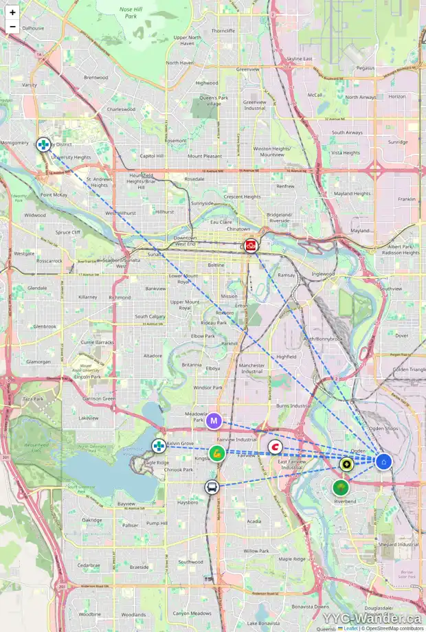 Daily accessibility map for 7430 OGDEN RD SE, Calgary showing nearby schools, grocery stores, parks, LRT stations and nearby amenities