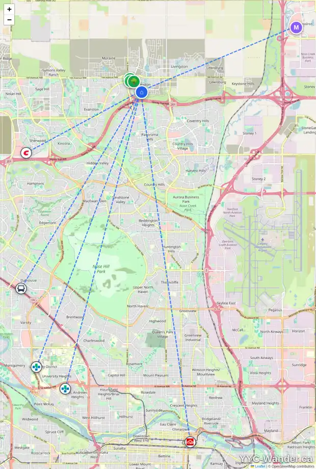 Daily accessibility map for 26 CARRINGSBY LD NW, Calgary showing nearby schools, grocery stores, parks, LRT stations and nearby amenities