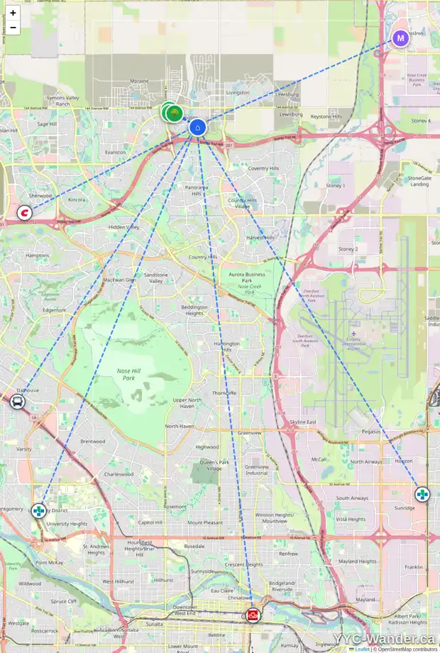 Daily accessibility map for 891 CARRINGTON BV NW, Calgary showing nearby schools, grocery stores, parks, LRT stations and nearby amenities