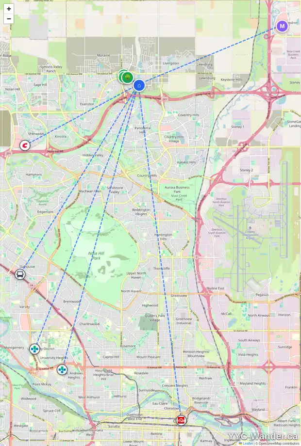 Daily accessibility map for 18 CARRINGTON RD NW, Calgary showing nearby schools, grocery stores, parks, LRT stations and nearby amenities