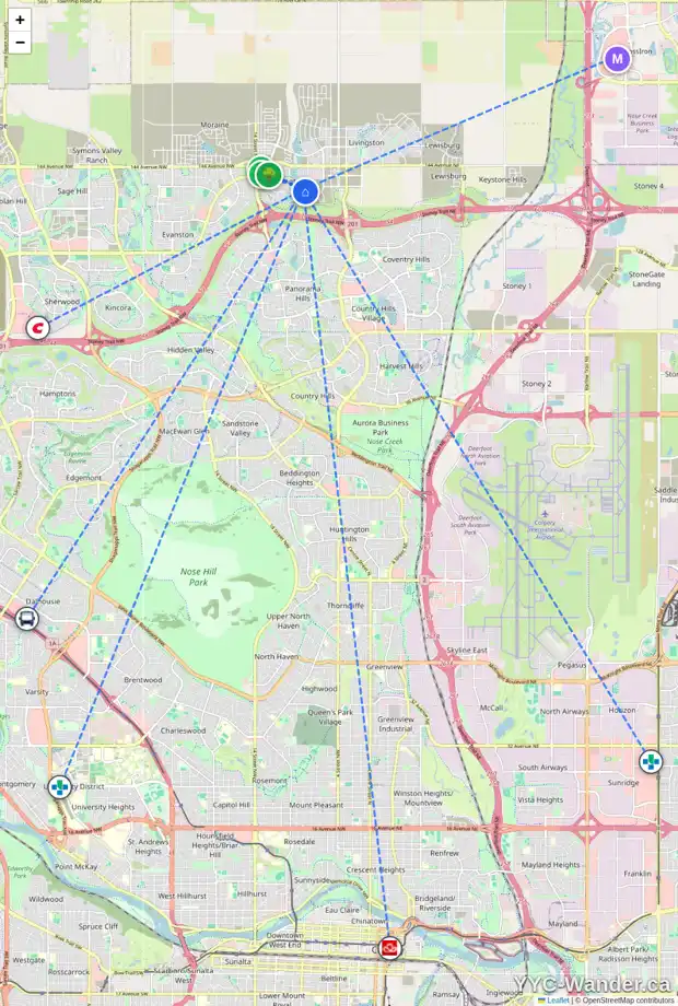 Daily accessibility map for 90 CARRINGVUE MR NW, Calgary showing nearby schools, grocery stores, parks, LRT stations and nearby amenities