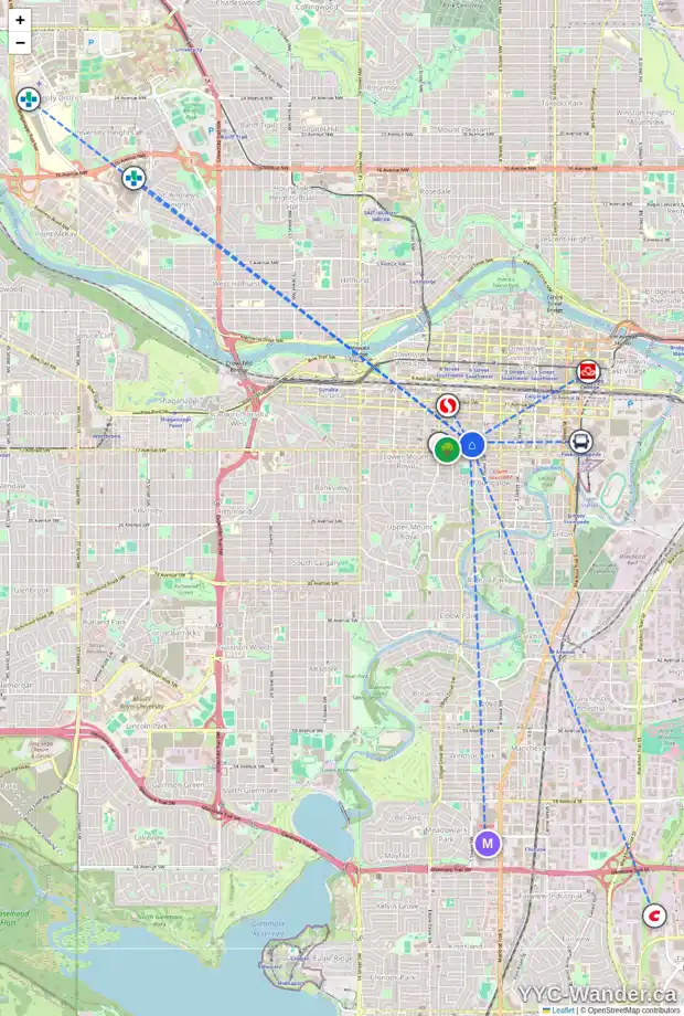 Daily accessibility map for 100 1508 6 ST SW, Calgary showing nearby schools, grocery stores, parks, LRT stations and nearby amenities