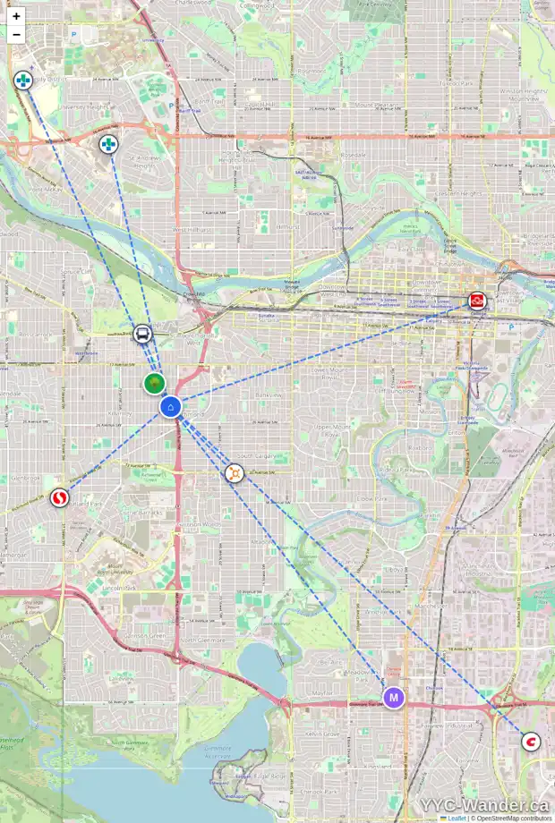 Daily accessibility map for 2413 24A ST SW, Calgary showing nearby schools, grocery stores, parks, LRT stations and nearby amenities