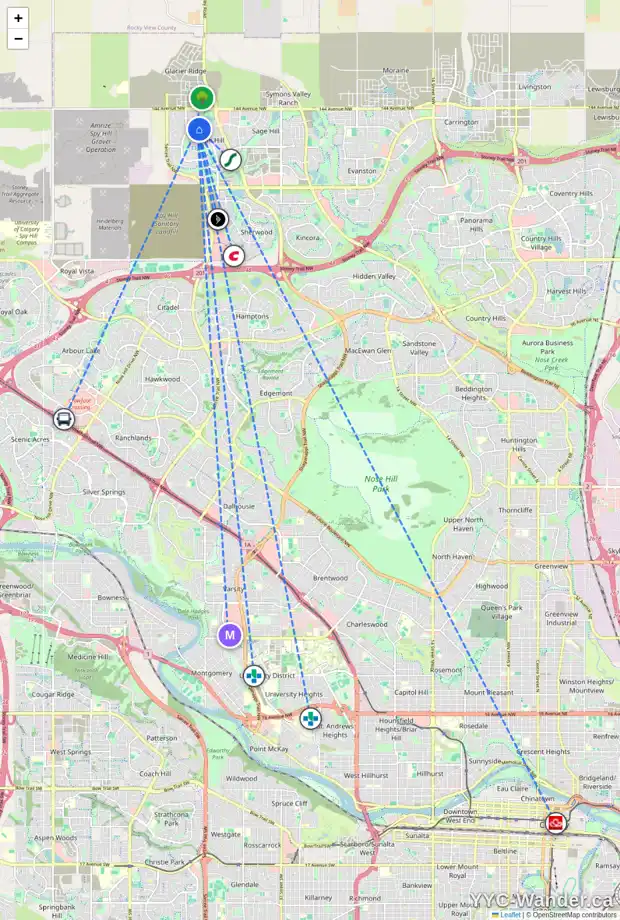 Daily accessibility map for 302 428 NOLAN HILL DR NW, Calgary showing nearby schools, grocery stores, parks, LRT stations and nearby amenities