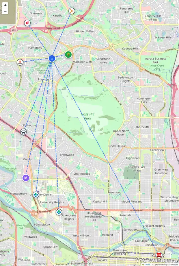 Daily accessibility map for 24 EDGERIDGE GR NW, Calgary showing nearby schools, grocery stores, parks, LRT stations and nearby amenities