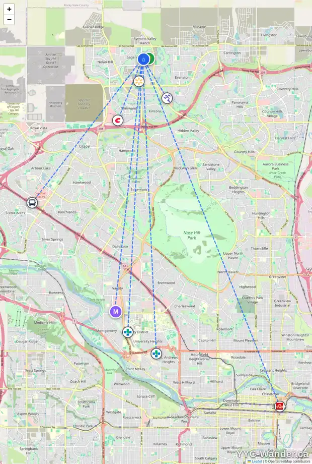 Daily accessibility map for 97 SAGE BLUFF GA NW, Calgary showing nearby schools, grocery stores, parks, LRT stations and nearby amenities