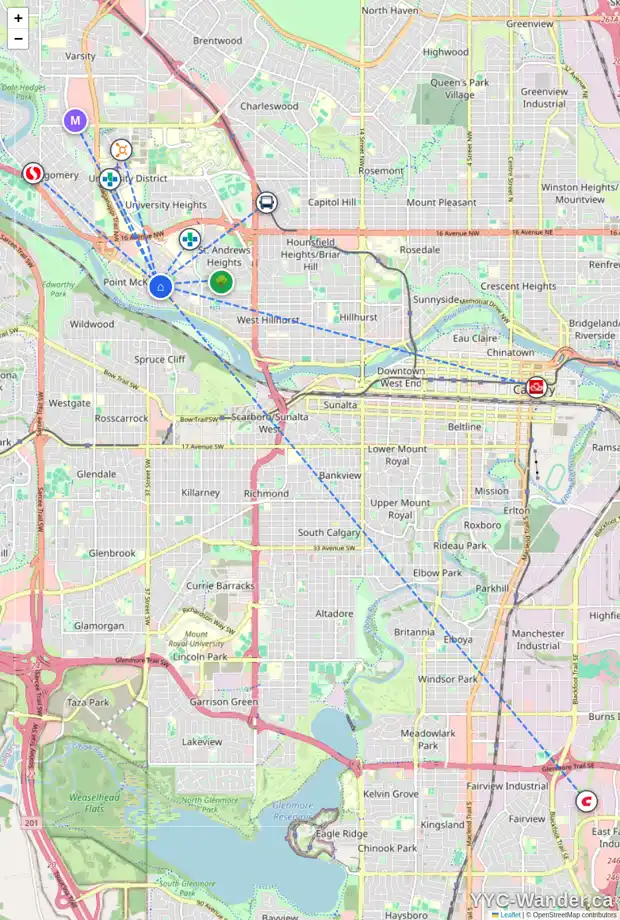 Daily accessibility map for 514 35 ST NW, Calgary showing nearby schools, grocery stores, parks, LRT stations and nearby amenities