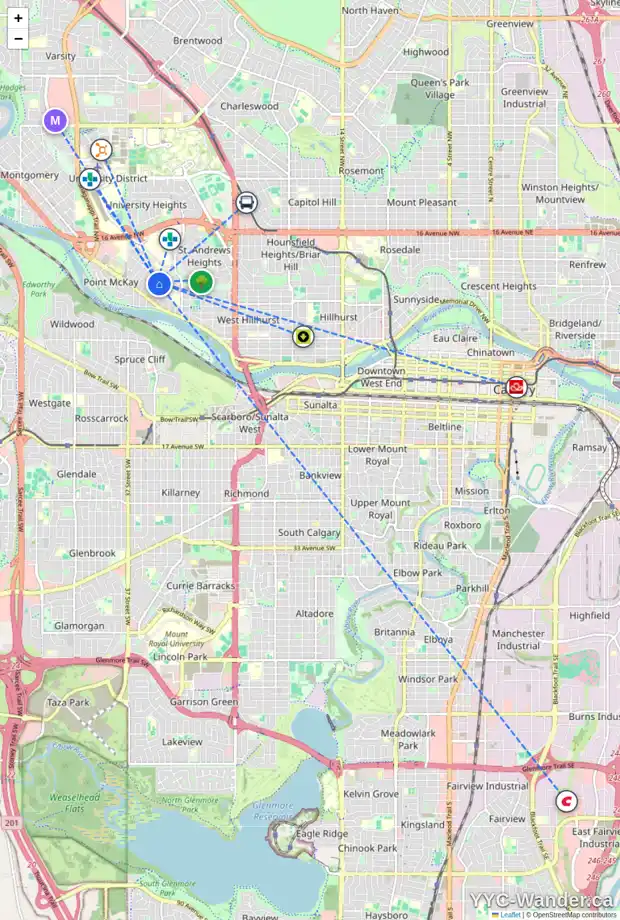 Daily accessibility map for 728 34 ST NW, Calgary showing nearby schools, grocery stores, parks, LRT stations and nearby amenities