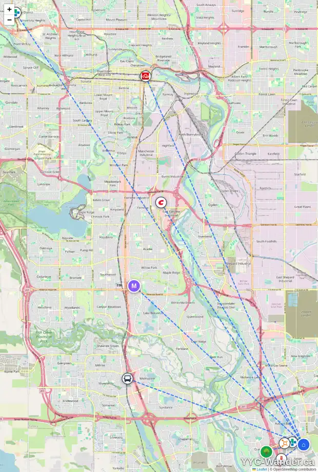 Daily accessibility map for 4963 FRONT ST SE, Calgary showing nearby schools, grocery stores, parks, LRT stations and nearby amenities