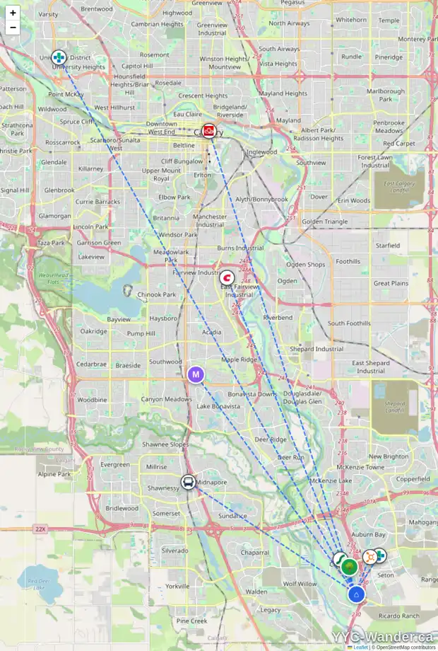 Daily accessibility map for 602 CRANFORD ME SE, Calgary showing nearby schools, grocery stores, parks, LRT stations and nearby amenities