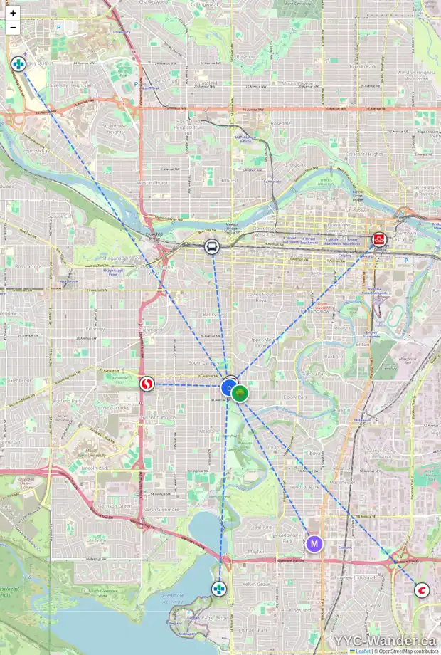 Daily accessibility map for 2 3524 14A ST SW, Calgary showing nearby schools, grocery stores, parks, LRT stations and nearby amenities