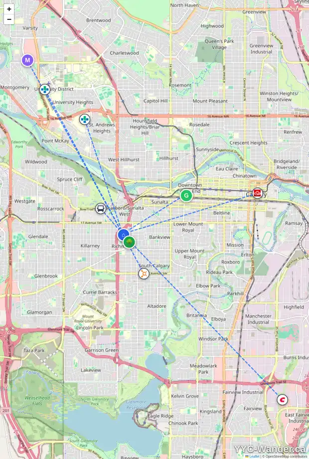 Daily accessibility map for 2332 21 AV SW, Calgary showing nearby schools, grocery stores, parks, LRT stations and nearby amenities