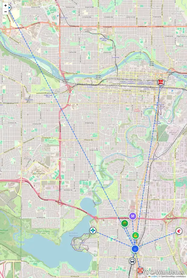 Daily accessibility map for 104 495 78 AV SW, Calgary showing nearby schools, grocery stores, parks, LRT stations and nearby amenities