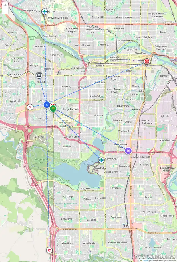 Daily accessibility map for 3720 42 ST SW, Calgary showing nearby schools, grocery stores, parks, LRT stations and nearby amenities