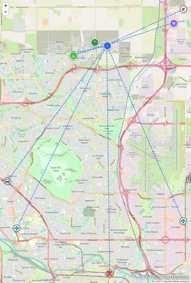 Daily accessibility map for 108 HOWSE TC NE, Calgary showing nearby schools, grocery stores, parks, LRT stations and nearby amenities