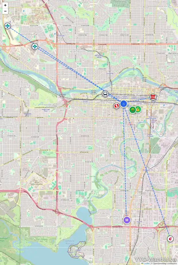 Daily accessibility map for 1104 1010 6 ST SW, Calgary showing nearby schools, grocery stores, parks, LRT stations and nearby amenities