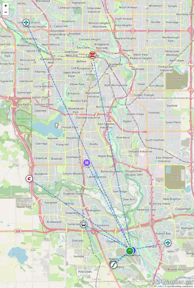 Daily accessibility map for 108 WOLF WILLOW BV SE, Calgary showing nearby schools, grocery stores, parks, LRT stations and nearby amenities