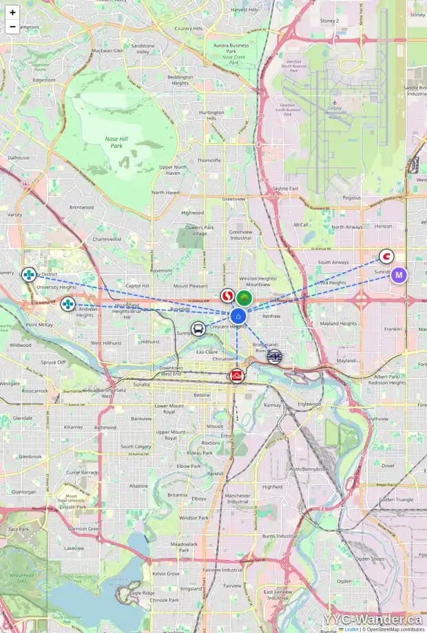 Daily accessibility map for 2 309 12 AV NE, Calgary showing nearby schools, grocery stores, parks, LRT stations and nearby amenities