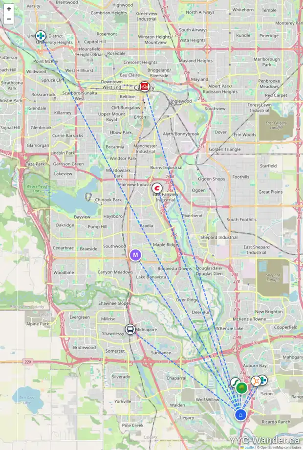 Daily accessibility map for 14 CRANBROOK TC SE, Calgary showing nearby schools, grocery stores, parks, LRT stations and nearby amenities