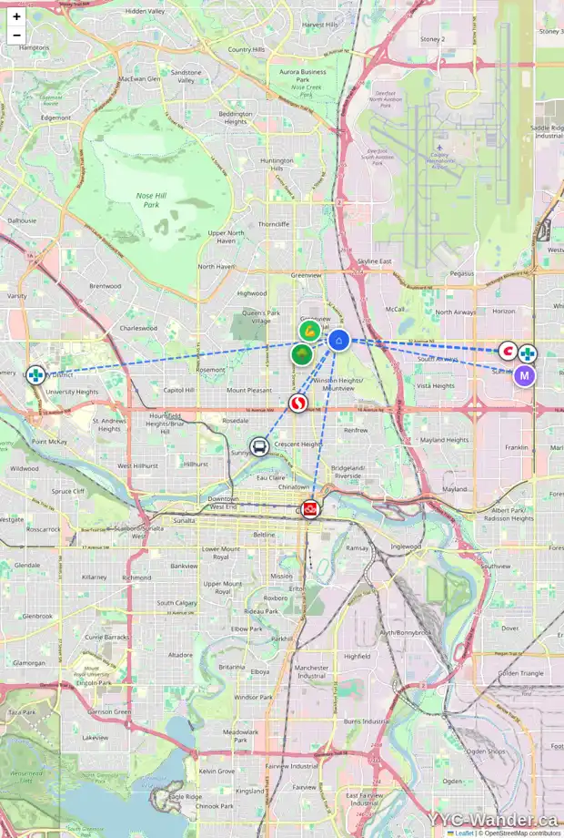Daily accessibility map for 3314 6 ST NE, Calgary showing nearby schools, grocery stores, parks, LRT stations and nearby amenities