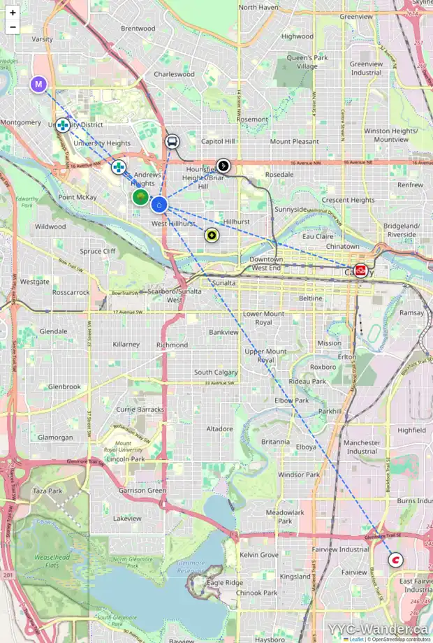 Daily accessibility map for 2540 7 AV NW, Calgary showing nearby schools, grocery stores, parks, LRT stations and nearby amenities