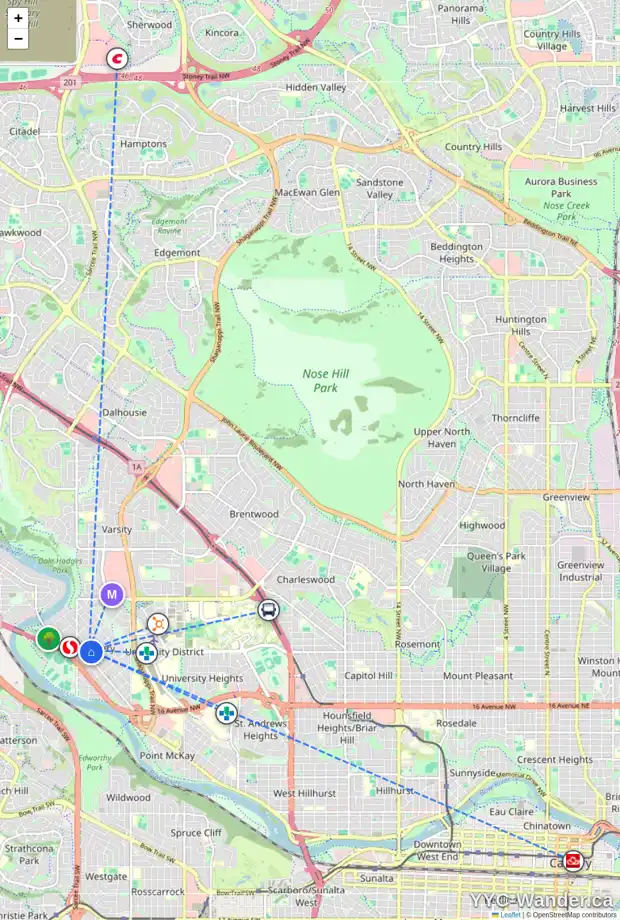 Daily accessibility map for 4811 19 AV NW, Calgary showing nearby schools, grocery stores, parks, LRT stations and nearby amenities