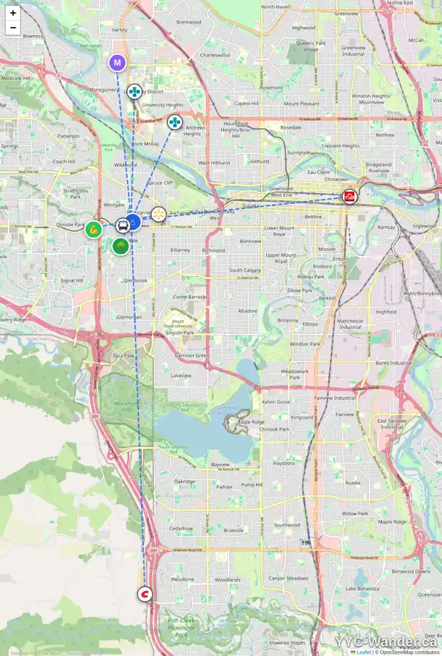 Daily accessibility map for 1608 44 ST SW, Calgary showing nearby schools, grocery stores, parks, LRT stations and nearby amenities