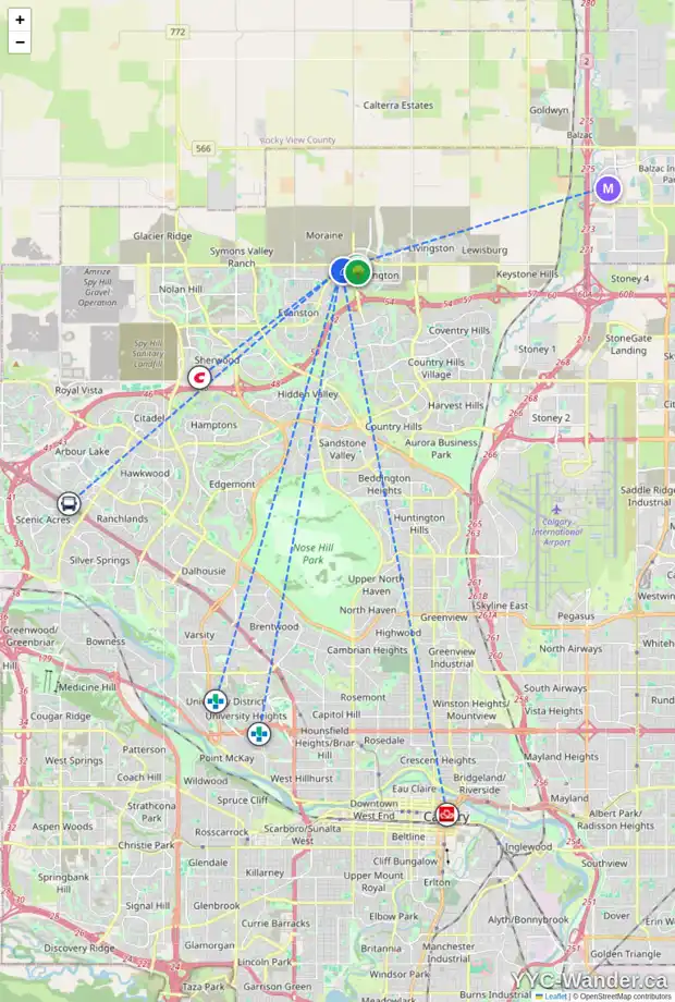Daily accessibility map for 55 EVANSCREST CO NW, Calgary showing nearby schools, grocery stores, parks, LRT stations and nearby amenities