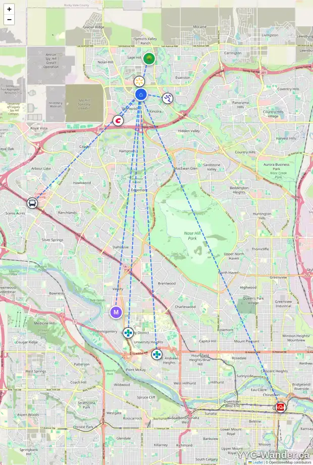 Daily accessibility map for 251 KINCORA GLEN RD NW, Calgary showing nearby schools, grocery stores, parks, LRT stations and nearby amenities