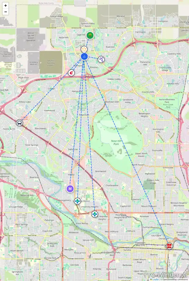 Daily accessibility map for 307 KINCORA GLEN RD NW, Calgary showing nearby schools, grocery stores, parks, LRT stations and nearby amenities