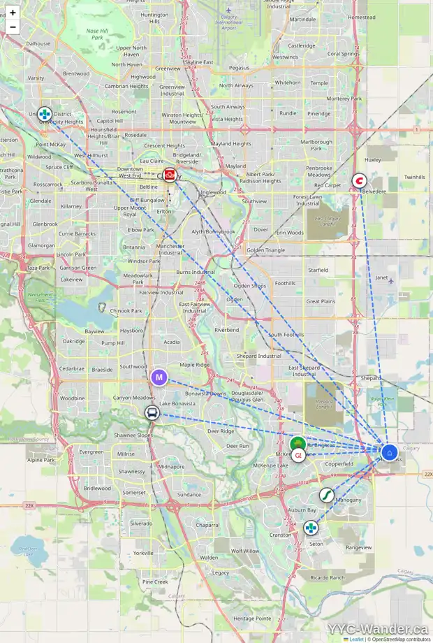 Daily accessibility map for 213 HOTCHKISS WY SE, Calgary showing nearby schools, grocery stores, parks, LRT stations and nearby amenities