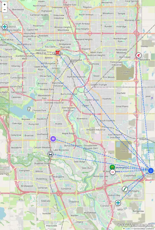 Daily accessibility map for 185 HOTCHKISS WY SE, Calgary showing nearby schools, grocery stores, parks, LRT stations and nearby amenities
