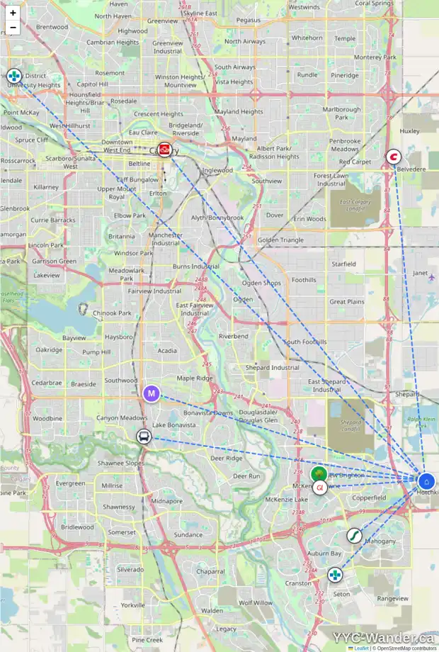 Daily accessibility map for 176 HOTCHKISS GA SE, Calgary showing nearby schools, grocery stores, parks, LRT stations and nearby amenities