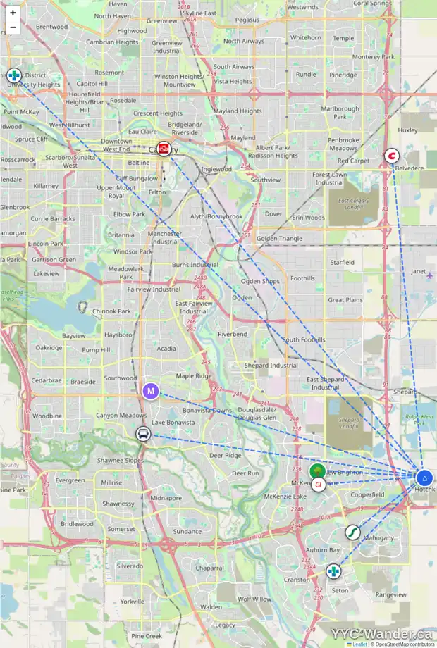 Daily accessibility map for 172 HOTCHKISS GA SE, Calgary showing nearby schools, grocery stores, parks, LRT stations and nearby amenities